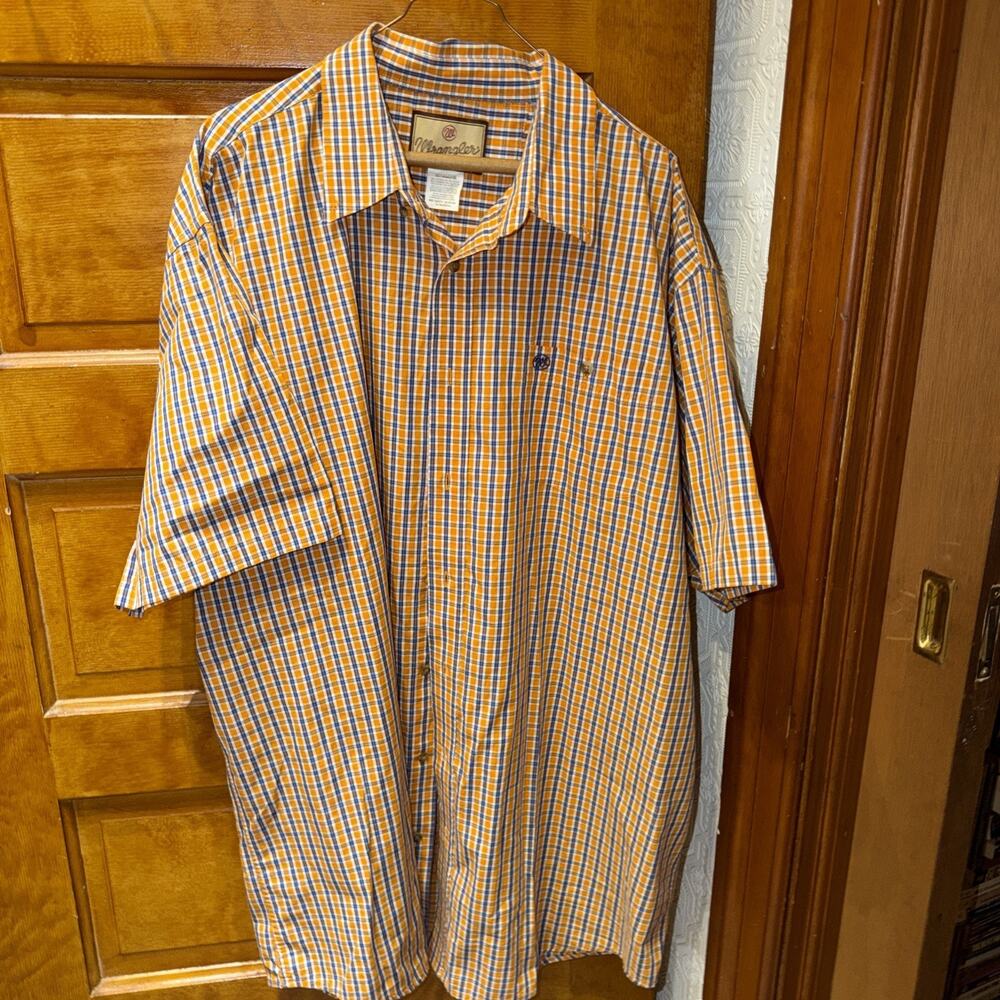 Wrangler Shirt Mens Size 3XT Button Down Orange White Blue Plaid Short Sleeve